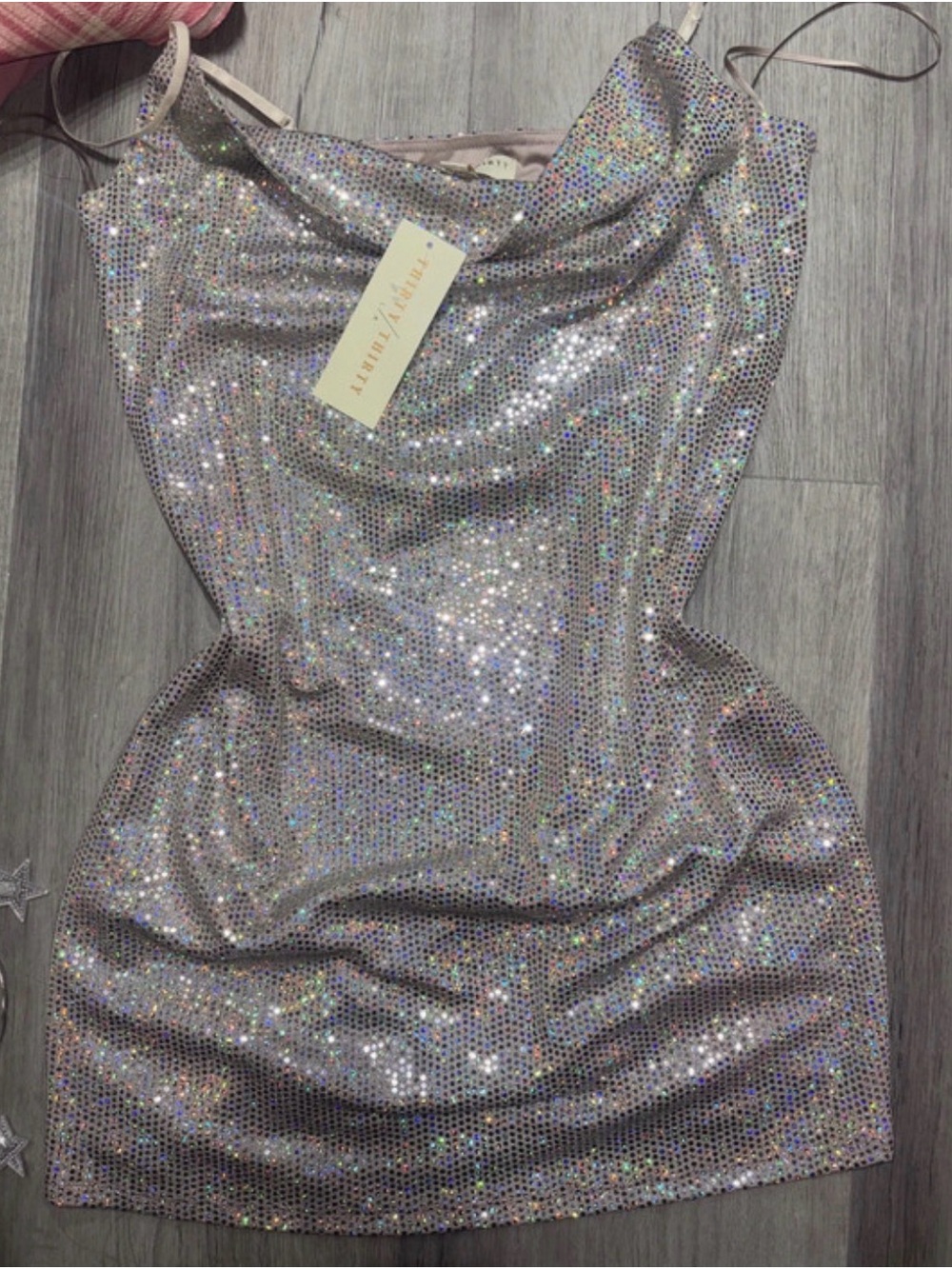Holographic Sequin Cowl Mini Dress - Silver